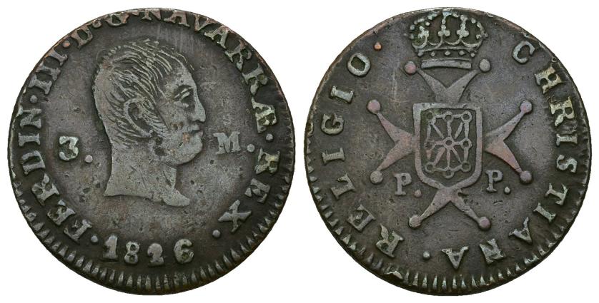 429   -  FERNANDO VII. 3 maravedís. 1826. Pamplona. Cu 5,82 g. 25,52 mm. VI-159. Pequeñas marcas. MBC.