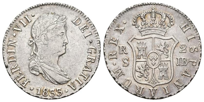 431   -  FERNANDO VII. 2 reales. 1833. Sevilla. JB. AR 5,71 g. 26,2 mm. VI-791. Pequeñas marcas. MBC/EBC-. 