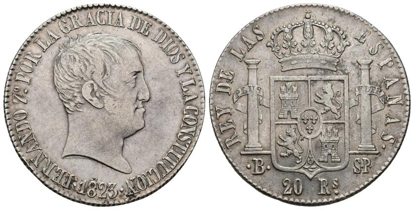 433   -  FERNANDO VII. 20 reales. 1823. Barcelona. SP. AR 26,29 g. 37,63 mm.  VI-948. MBC+/MBC.
