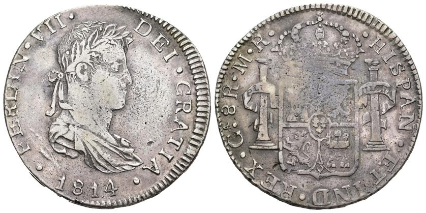 438   -  FERNANDO VII. 8 reales. 1814. Guadalajara. MR. AR 26,55 g. 40,07 mm. VI-1009. Porosidades. Vano en rev. MBC. Ex ANE, 1978, lote 247.