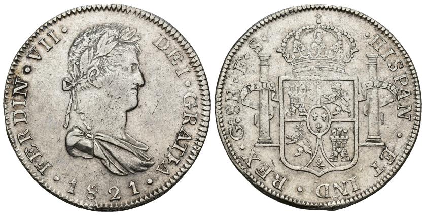 439   -  FERNANDO VII. 8 reales. 1821. Guadalajara. FS. AR 26,69 g. 40,34 mm. VI-1012. Pequeñas marcas. Ligeramente abrillantada. MBC+.