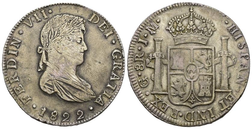 440   -  FERNANDO VII. 8 reales. Guanajuato. JM. AR 26,94 g. 40,18 mm. VI-1017. Rayitas. MBC. Ex F. y X. Calicó, 23-1-1980, lote 172. 