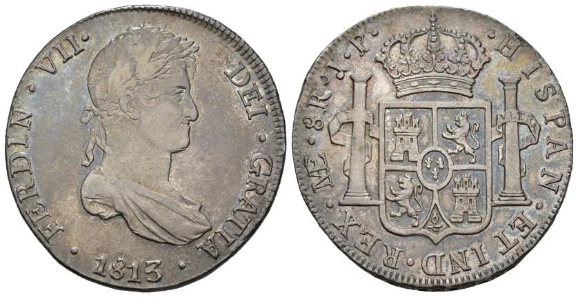 441   -  FERNANDO VII. 8 reales. 1813. Lima. JP. AR 26,99 g. 38,22 mm. VI-1044. Pátina azulada. MBC+.