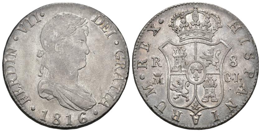 444   -  FERNANDO VII. 8 reales. 1816. Madrid. GJ. AR 27,05 g. 38,11 mm. VI-1067. MBC/MBC+.