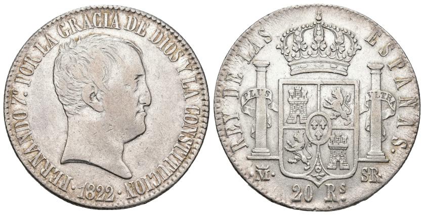 445   -  FERNANDO VII. 20 reales. 1822. Madrid. SR. AR 26,85 g. 37,73 mm. VI-1076. MBC.