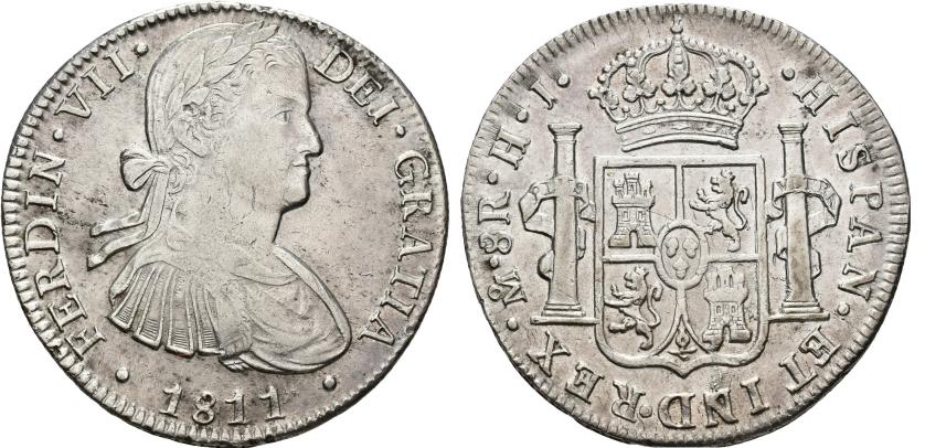 447   -  FERNANDO VII. 8 reales. 1811. México. HJ. AR 26,93 g. 40,4 mm. VI-1087. Pequeñas marcas. MBC/MBC+.