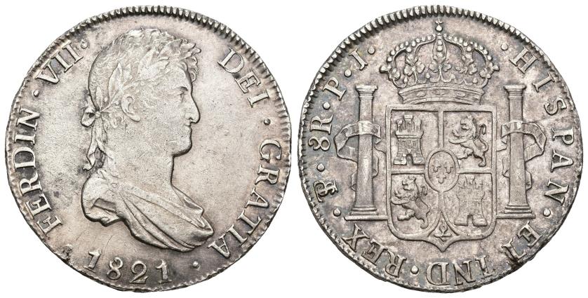 452   -  FERNANDO VII. 8 reales. 1821. Potosí. PJ. AR 26,76 g. 38,15 mm. VI-1142. Pequeña muesca en gráfila. MBC+.