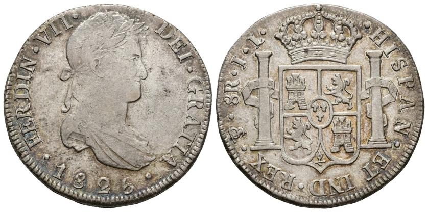 453   -  FERNANDO VII. 8 reales. 1825. Potosí. JL. AR 26,93 g. 37,68 mm. VI-1148. MBC/EBC-.
