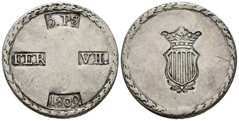 454   -  FERNANDO VII. 5 pesetas. 1809. Tarragona. AR 26,88 g. 39,82 mm. VI-1179. Raya en rev. y pequeñas marcas. MBC.