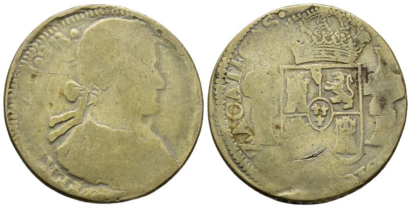 455   -  FERNANDO VII. 8 reales sin fecha visible. Zacatecas. AR 25,88 g. 37,20 mm. VI-tipo 274. MBC-. Ex Coins Antiquities, 1987, lote 2071. 