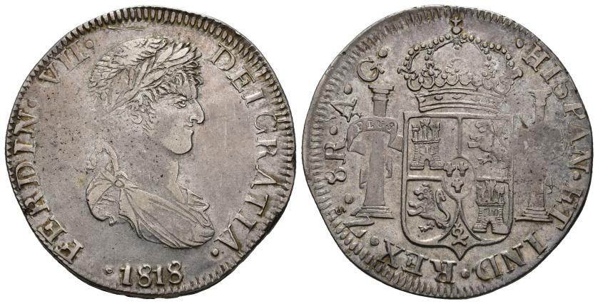 457   -  FERNANDO VII. 8 reales. 1818. Zacatecas. AG. AR 25,91 g. 39,7 mm. VI-1205. Leves vanos. MBC+.