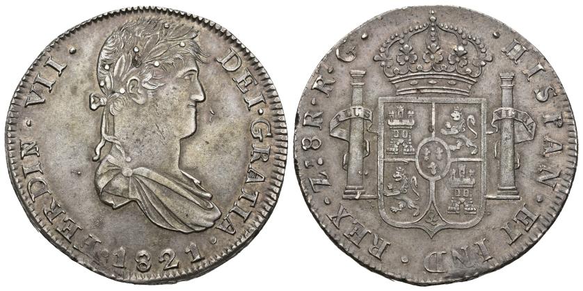 459   -  FERNANDO VII. 8 reales. 1821. Zacatecas. RG. AR 26,96 g. 38,93 mm. VI-1209. 5 madroños en el pelo. EBC-/MBC+.