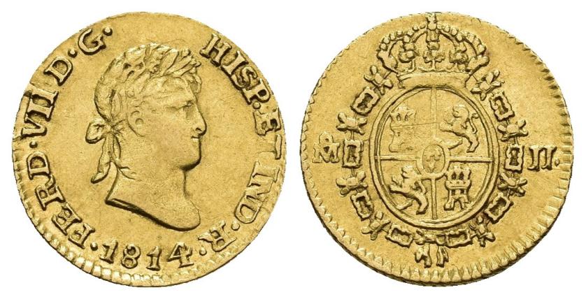 460   -  FERNANDO VII. 1/2 escudo. 1814. México. JJ. AU 1,63 g. 14,68 mm. VI-1223. Vano en rev. MBC+. Muy escasa.