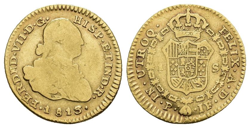 461   -  FERNANDO VII. 1 escudo. 1813. Popayán. JF. AU 3,31 g. 19,42 mm. VI-1277. BC+/MBC-.