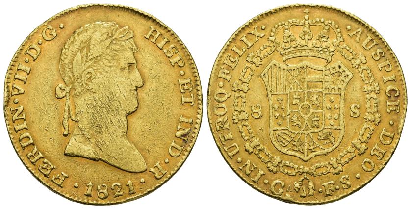 462   -  FERNANDO VII. 8 escudos. 1821. Guadalajara. FS. AU 26,78 g. 36,18 mm. VI-1453. Golpe en canto y múltiples rayitas en anv. MBC.