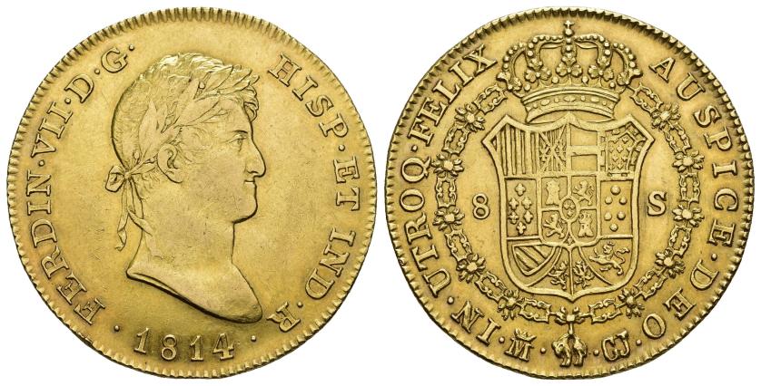 463   -  FERNANDO VII. 8 escudos. 1814. Madrid. GJ. AU 26,93 g. 36,78 mm. VI-1474. MBC+/EBC-. Rara.