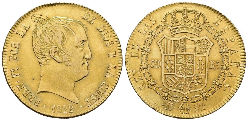 464   -  FERNANDO VII. 320 reales. 1822. Madrid. SR. AU 27 g. 35,27 mm. VI-1479. Pequeñas marcas. EBC-/EBC.