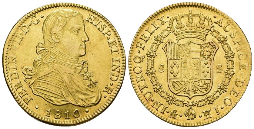 465   -  FERNANDO VII. 8 escudos. 1810. México. MJ. AU 26,95 g. 37,51 mm. B.O. EBC-/EBC.
