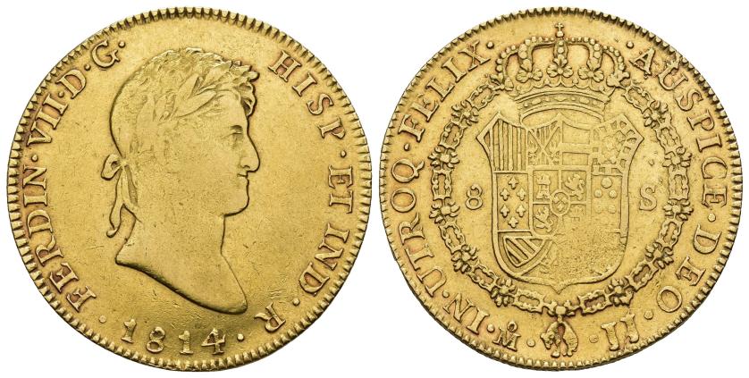 466   -  FERNANDO VII. 8 escudos. 1814. México. JJ. AU 26,95 g. 36,58 mm. VI-1487. Vano en rev. MBC.