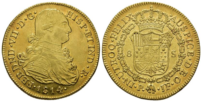 468   -  FERNANDO VII. 8 escudos. 1814. Popayán. JF. AU 26,95 g. 38,19 mm. VI-1516. R.B.O. MBC+/EBC-. 