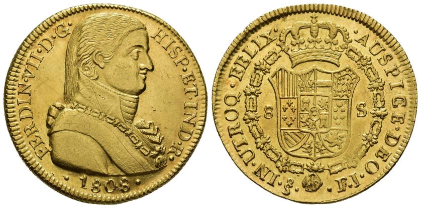 469   -  FERNANDO VII. 8 escudos. 1808. Santiago. FJ. AU 26,95 g. 37,97 mm. Grafito y leves golpecitos en anv. B.O. EBC/EBC+. Escasa.