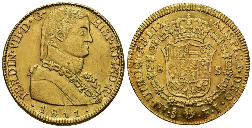 470   -  FERNANDO VII. 8 escudos. 1811. Santiago. FJ. AU 27,02 g. 37,93 mm. VI-1536. Mínimas hojitas en anv. y rayas de ajuste en rev. A pesar de ello, inusual calidad de acuñación y conservación para esta pieza. B.O. EBC/EBC+.