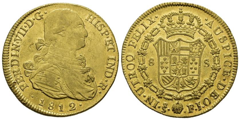 471   -  FERNANDO VII. 8 escudos. 1812. Santiago. FJ. AU 27,02 g. 37,05 mm. VI-1538. Golpe y pequeñas marcas en anv. R.B. MBC-/EBC.
