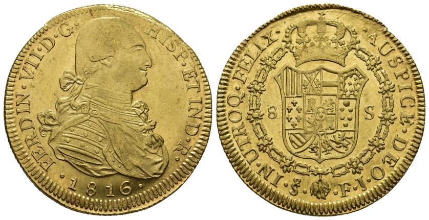 472   -  FERNANDO VII. 8 escudos. 1816. Santiago. FJ. AR 26,92 g. 38,01 mm. VI-1542. B.O. EBC-/EBC.