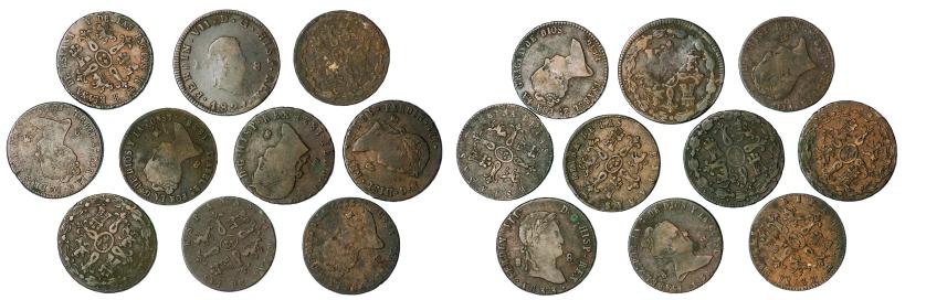 473   -  ISABEL II. Lote de 10 piezas de 8 maravedís: Fernando VII -5: Jubia (2), Segovia (3)-, Isabel II -5: Jubia (1), Segovia (4)-. BC/MBC.