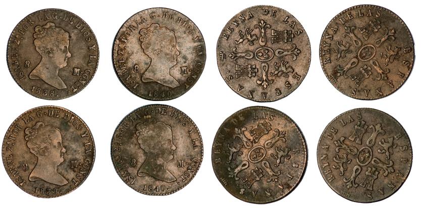 475   -  ISABEL II. Lote de 4 piezas de 8 maravedís. Segovia: 1838, 1839 Y 1840 (2). Calidad media MBC.