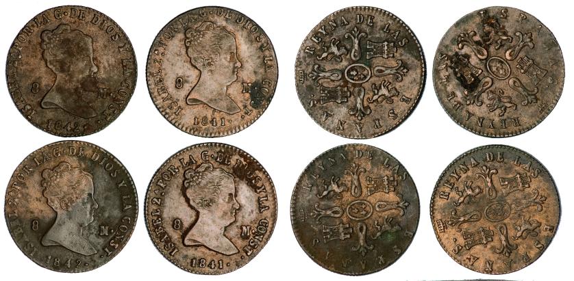 476   -  ISABEL II. Lote de 4 piezas de 8 maravedíe. Segovia: 1841 (2) y 1842 (2). Calidad media. MBC.
