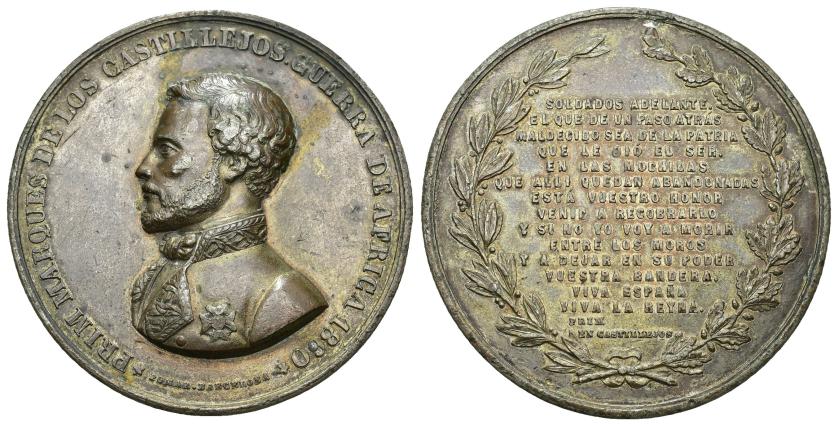 478   -  ISABEL II. Medalla. Prim, marqués de los Castillejos. Guerra de África. 1860. Pomar. Barcelona. Metal blanco. 54,63 mm. MBC+/EBC-. 