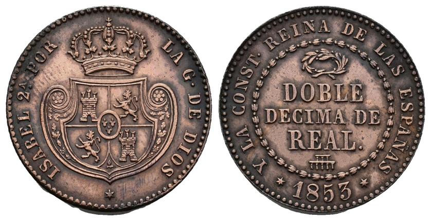 479   -  ISABEL II. Doble décima de real. 1853. Segovia. Cu 7,63 g. 22,2 mm. VI-109. EBC-.