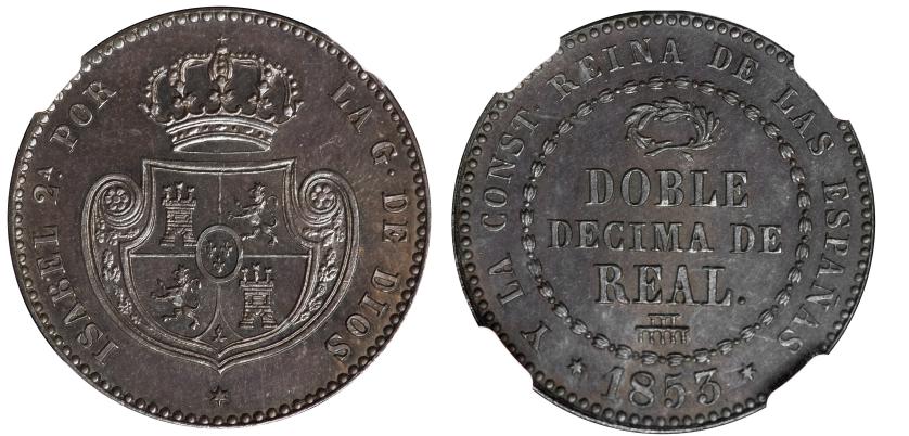480   -  ISABEL II. Doble décima de real. 1853. Segovia. VI-109. Encapsulada. NGC MS 66 BN. Bonita pátina. FDC.