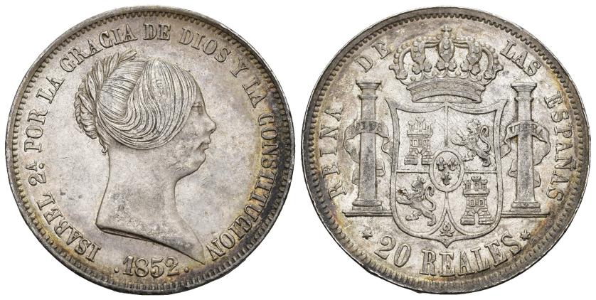 484   -  ISABEL II. 20 reales. 1852. Madrid. AR 26,10 g. 37,1 mm. VI-509. Mancha de óxido. MBC+.