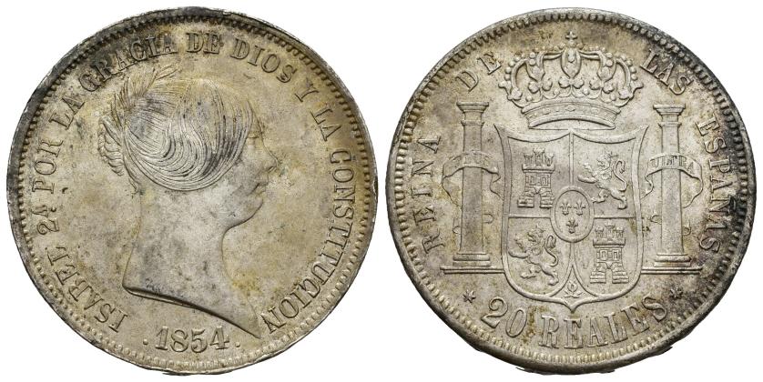 485   -  ISABEL II. 20 reales. 1854. Madrid. AR 25,73 g. 37,4 mm. VI-510. Manchitas. EBC/EBC-. 