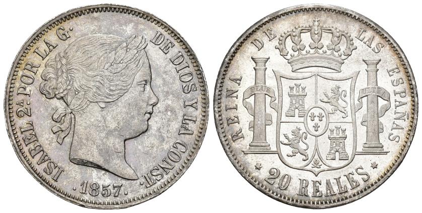 486   -  ISABEL II. 20 reales. 1857. Madrid. AR 25,85 g. 36,7 mm. VI-513. Pátina irregular en anv. B.O. EBC+/SC.