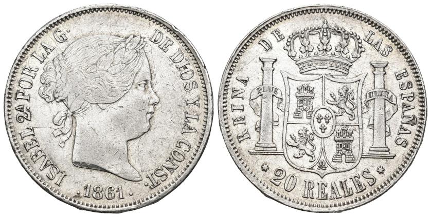 487   -  ISABEL II. 20 reales. 1861. Madrid. AR 26,05 g. 37 mm. VI-517. Pequeñas marcas. MBC+.