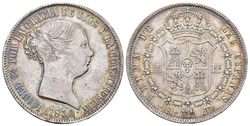 488   -  ISABEL II. 20 reales. 1850. Sevilla. RD. AR 25,70 g. 36,80 mm. VI-522. Pequeñas marcas. R.B.O. MBC+. Rara.
