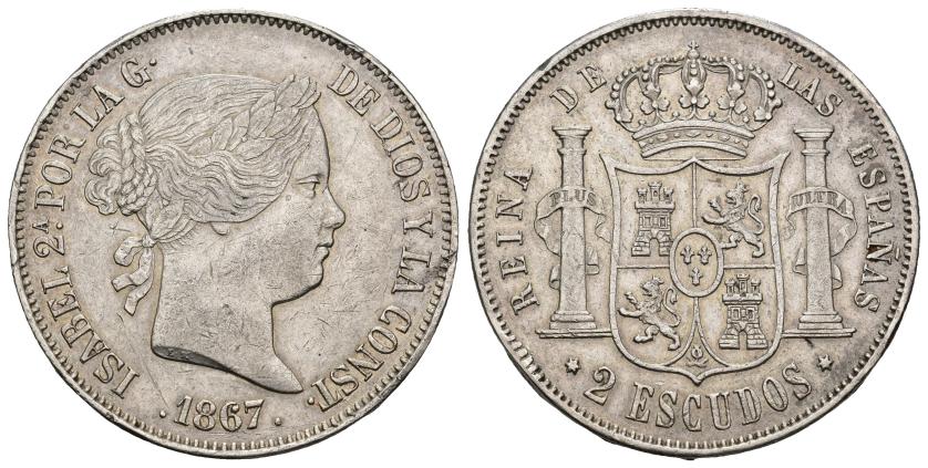 489   -  ISABEL II. 2 escudos. 1867. Madrid. AR 25,90 g. 36,9 mm. VI-538. Golpe en canto y golpecitos en gráfila. MBC+.