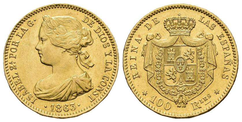 490   -  ISABEL II. 100 reales. 1863. Madrid. AU 8,37 g. 22,1 mm. VI-650. EBC+.