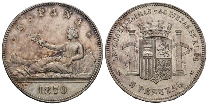 491   -  GOBIERNO PROVISIONAL. 5 pesetas. 1870 *18-70. Madrid. SNM. AR 25 g. 37,1 mm. VII-22. EBC+/SC.