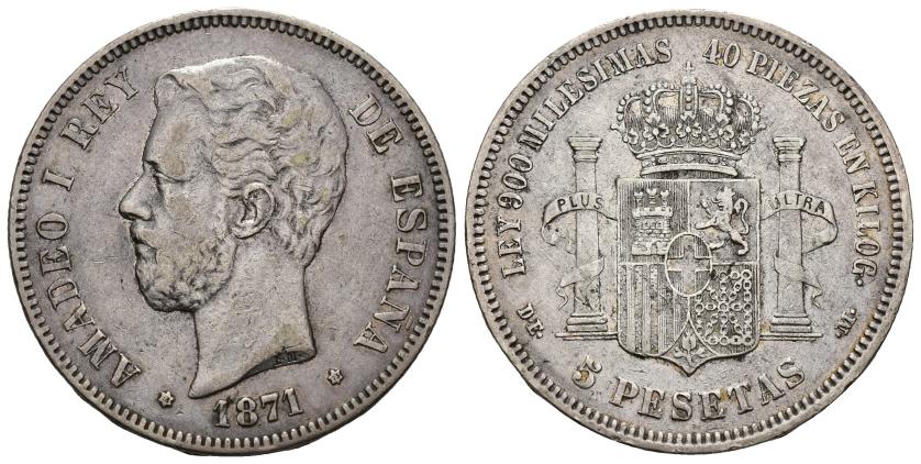 493   -  AMADEO I. 5 pesetas. 1871 *18-73. Madrid. DEM. AR 24,75 g. 37,3 mm. VII-34. MBC. Rara.