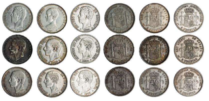 494   -  ALFONSO XII. Lote de 9 monedas de 5 pesetas diferentes: Amadeo I (2), Alfonso XII (6) y Alfonso XIII (1). Todas con estrellas visibles. MBC-/MBC+.