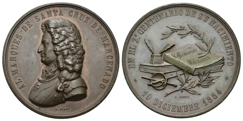 496   -  ALFONSO XII. Medalla al marqués de Santa Cruz de Marcenado en el 2º centenario de su nacimiento, 1884. Grabador: E. NONEY. AE 50,7 mm. EBC+.