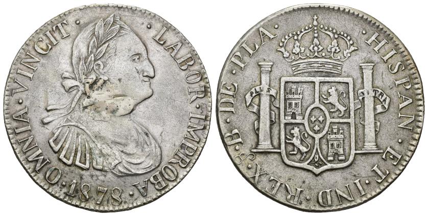 497   -  ALFONSO XII. Botón de plata con el busto de Carlos IV. 1878 y marca de ceca Santiago, con la soldadura en anv. MBC+. AR 8,58 g. 41 mm. 