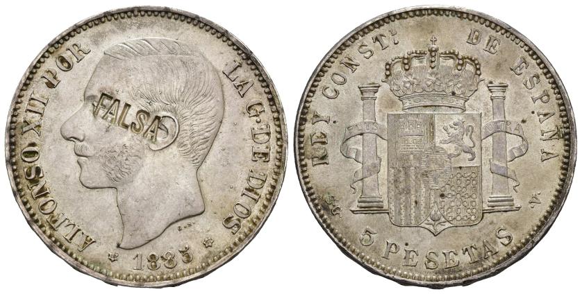 499   -  ALFONSO XII. 5 pesetas. 1885*18-87. Madrid. SGV. Resello FALSA.9,90 g. 37,4 mm. EBC-. 