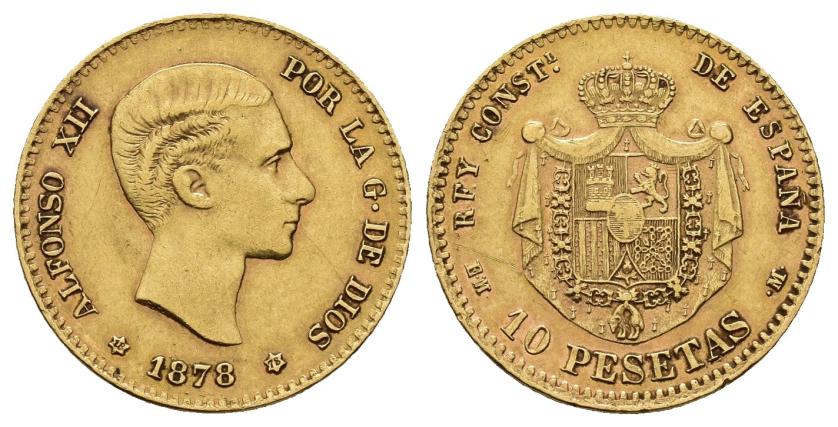 500   -  ALFONSO XII. 10 pesetas. 1878*18-78. AU 3,21 g. 19,1 mm. VII-97. Fina raya en rev. MBC.
