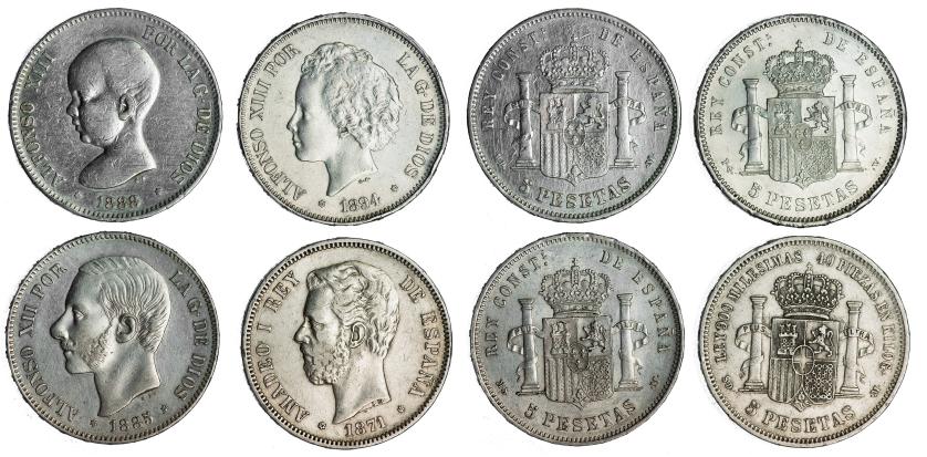 503   -  ALFONSO XIII. Lote de 4 piezas de 5 pts.: Amadeo I (1871 *71), Alfonso VII (1885*87), y Alfonso XIII (1888 y 1894). MBC/MBC+.