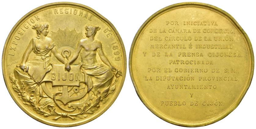 504   -  ALFONSO XIII. Medalla. Exposición regional de 1899. Gijón. AE 70,47 mm. Golpes en canto. EBC+.